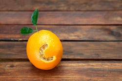 Sinaasappel met de C van vitamine C erin gekerfd Sinaasappel met de C van vitamine C erin gekerfd