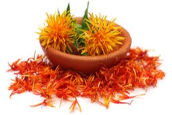 Verse, oranje saffloerbloemen in een schaaltje Verse, oranje saffloerbloemen in een schaaltje