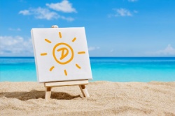Strand met schildersezel met afbeelding van de zon en vitamine D
