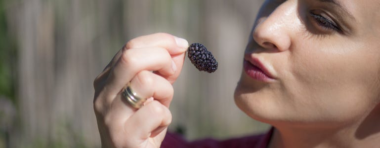 Vrouw neemt hap van moerbei