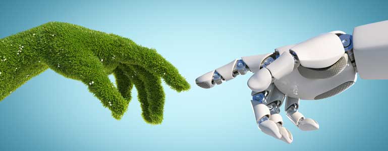 Groene hand en robothand