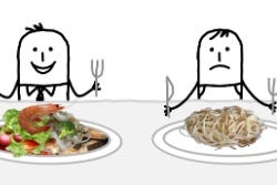 Getekend plaatje van een mannetje met salade en een mannetje met pasta Getekend plaatje van een mannetje met salade en een mannetje met pasta