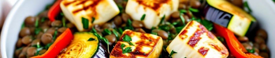 Groenteschotel met linzen en halloumi Groenteschotel met linzen en halloumi